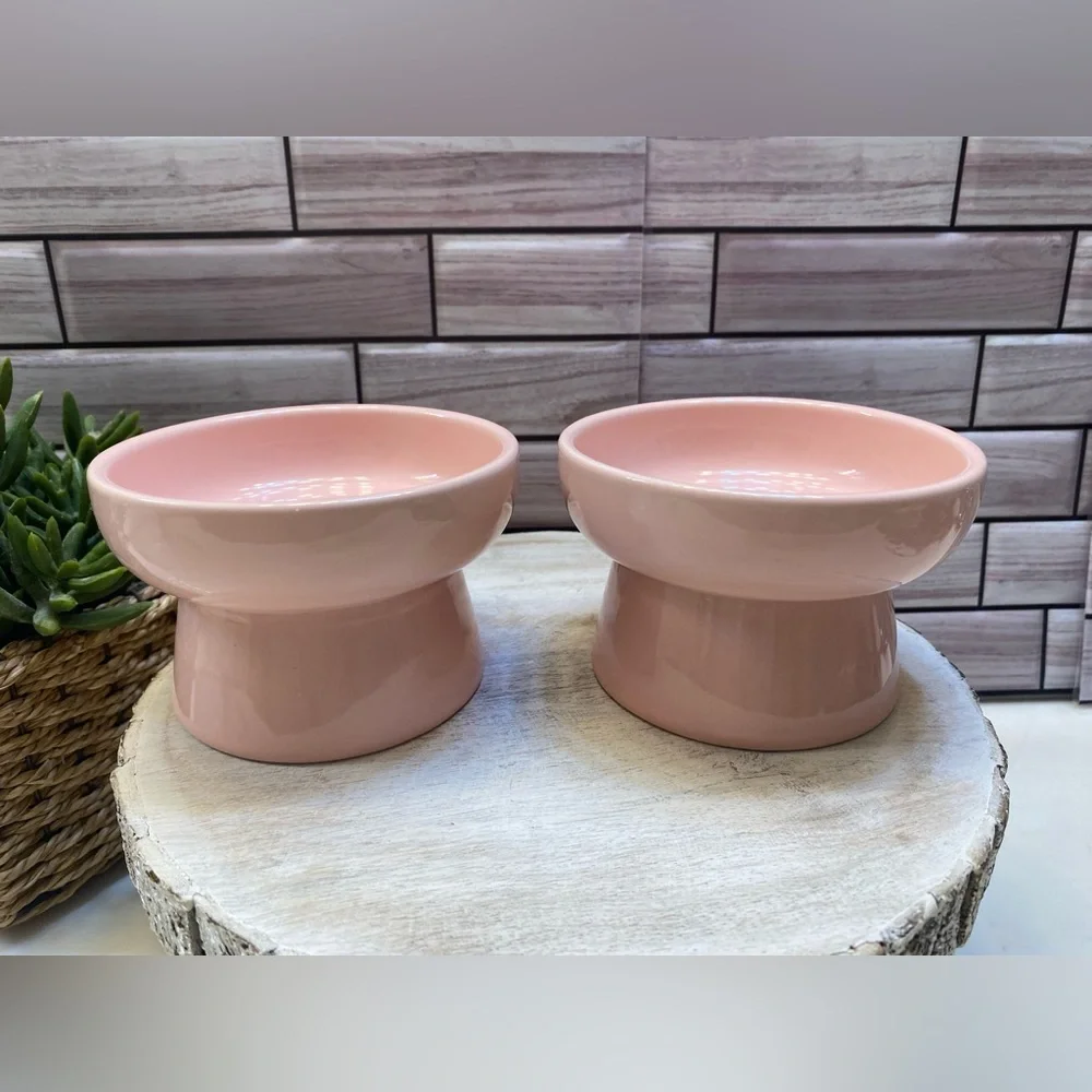 Signature ❤️Cute cat face Elevated cat bowl Pink set of 2 New